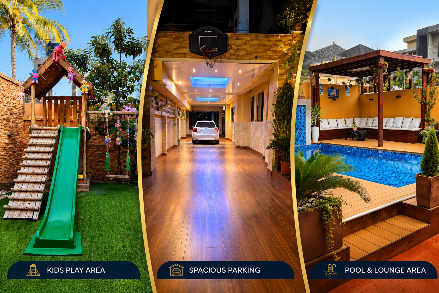 Playground, parking and pool